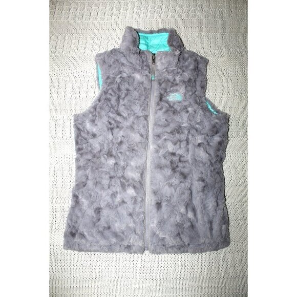The North Face Reversible Girls Blue & Grey Vest Puffer Jacket Size LG Fluffy - Picture 3 of 11